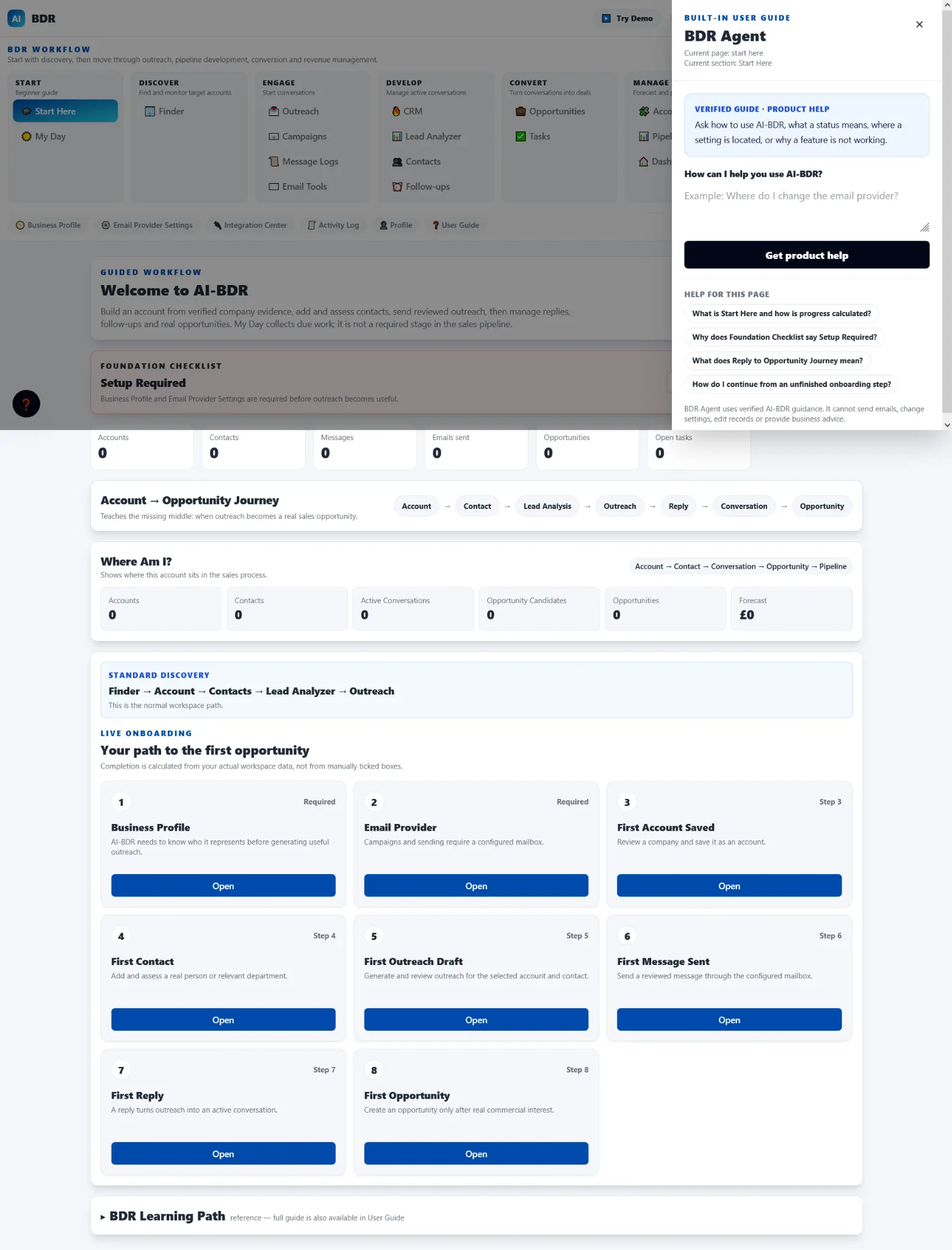Current AI-BDR Start Here page with the built-in BDR Agent open