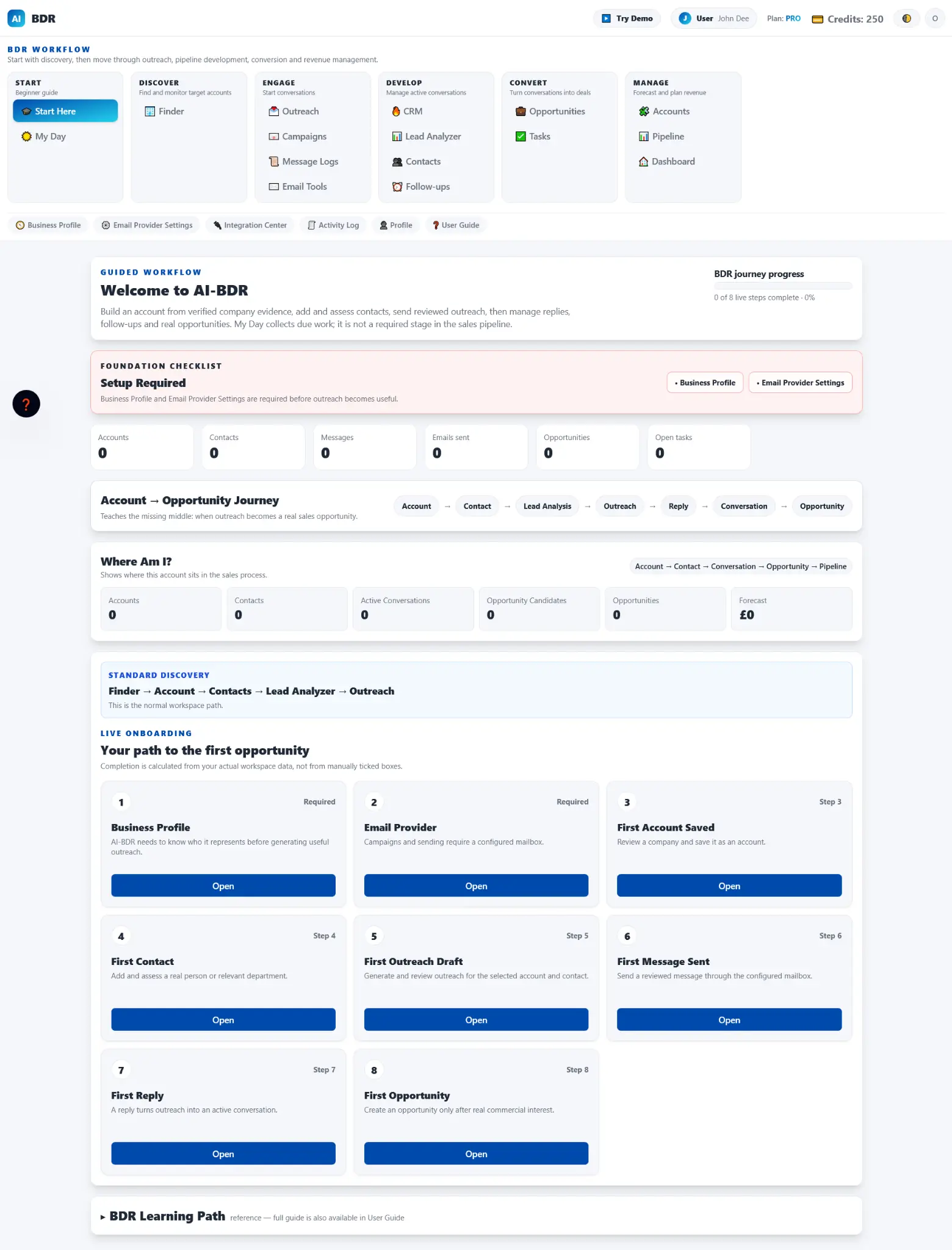 Current AI-BDR Start Here workspace with guided onboarding